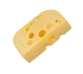 A piece of delicious semi-hard cheese isolated on a white background, top view.