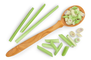 Fresh Lemongrass in wooden spoon isolated on white background with clipping path. Top view. Flat lay