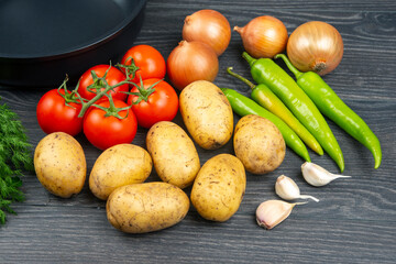raw vegetables before cooking for frying and braising in a pan