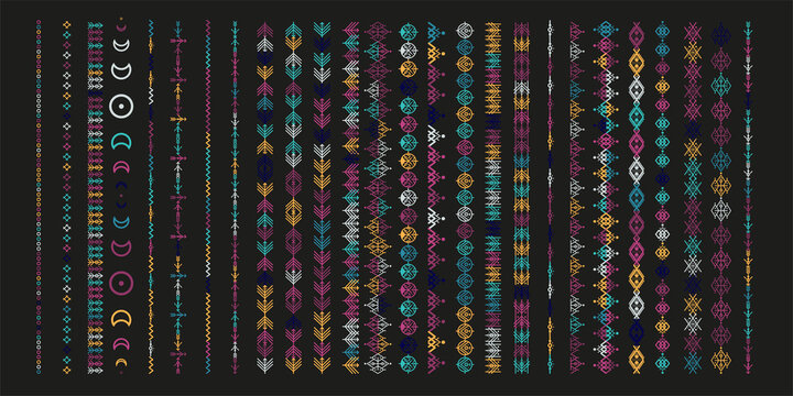 Color ethnic line ornaments. Tribal geometric design, aztec style, native americans texile. Vector elements for brushes, textures, patterns.