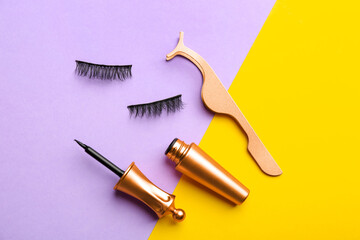 Flat lay composition with magnetic eyelashes and accessories on color background