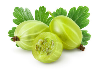 Green gooseberry with half isolated on white background with clipping path and full depth of field
