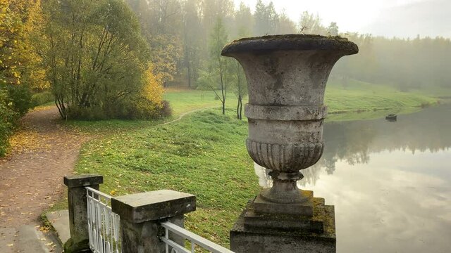Pavlovsk park in autumn, St. Petersburg, Visconti bridge spanning the Slavianka river
