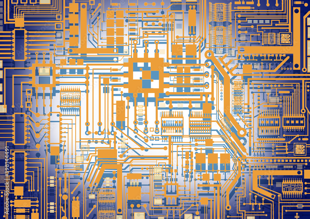 Poster background electronic. texture on topic of computer technology. lines and processors on pcb board. w