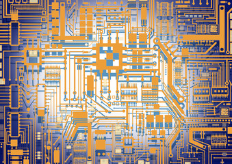 Background electronic. Texture on topic of computer technology. Lines and processors on PCB board. White light in middle of PCB. Background dark electronic theme. Pattern symbolizes microelectronics