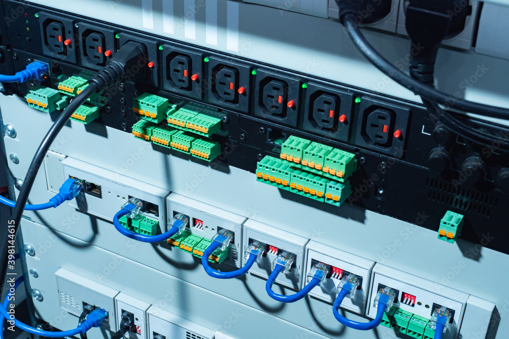 Poster network hardware. close-up panel with electrical and network connections. equipment control panel. m