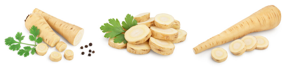 Parsnip root and slices with parsley isolated on white background closeup, Set or collection