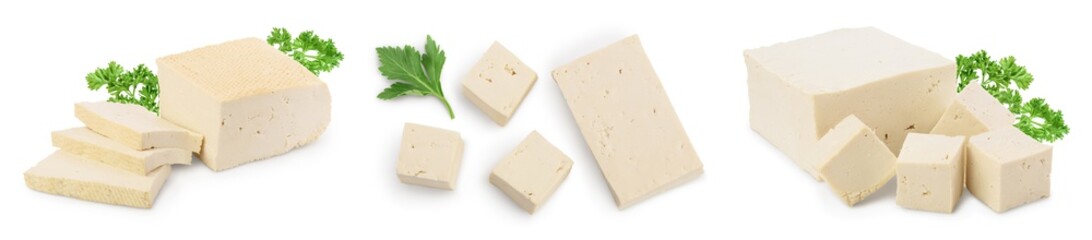 tofu cheese isolated on white background with clipping path and full depth of field, Set or collection