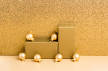 Golden podium for product presentation on beige and luxury glitter background, gold Christmas...