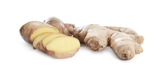 Cut fresh ginger root isolated on white