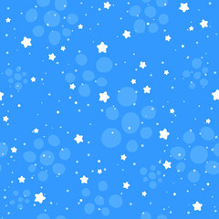Seamless pattern with white starts and snow on blue background. Christmas or New year colorful backdrop. Cute kid texture.
