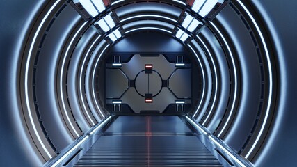 Science background fiction interior rendering sci-fi spaceship corridors blue light. © Vanitjan