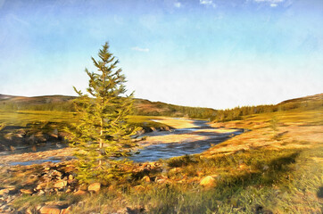 Beautiful mountain landscape with river at Polar Urals