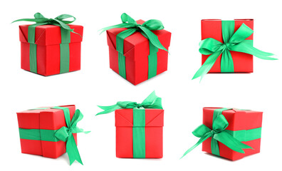 Collage with Christmas gift box on white background, views from different sides