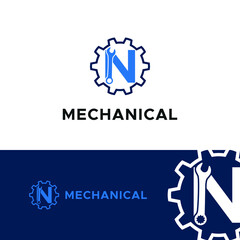 Initial logo with Letter N Wrench and Gear Icon vector for mechanic, setting, repair, and service company