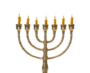 Fototapeta na wymiar Golden menorah with burning candles on white background