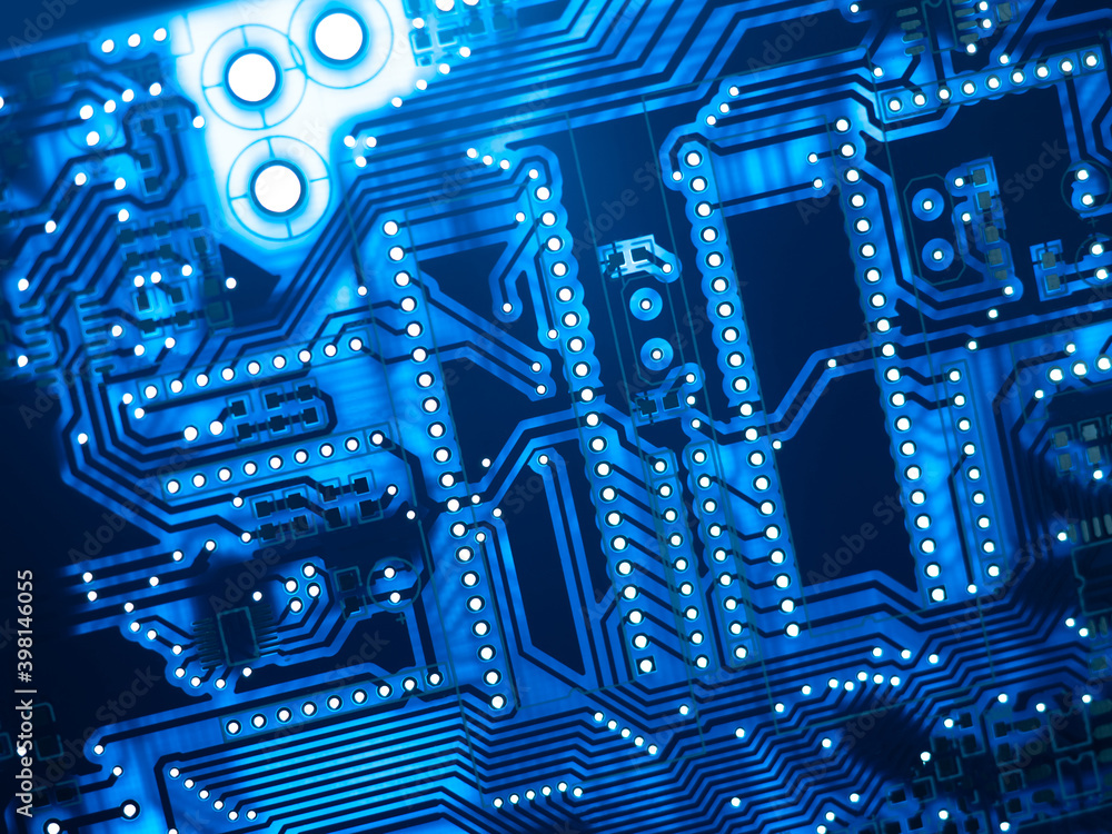 Poster pcb background. blue pcb design. blue neon light on a printed circuit board. blank printed circuit b