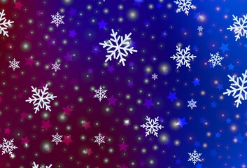 Dark Blue, Red vector pattern with christmas snowflakes, stars.