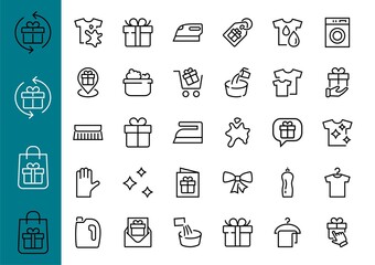 Simple set of washing related vector line Icons. Contains icons such as washing machine, powder, laundry, dirty t-shirt and much more. On a white background, editable stroke. 48x48 pixels perfect