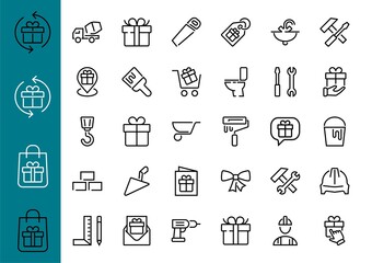 Set of construction icons, simple vector lines, contains the following icons: builder, roller, hammer with wrench, toilet bowl and much more. Editable stroke. 48x48 pixels perfect, white background