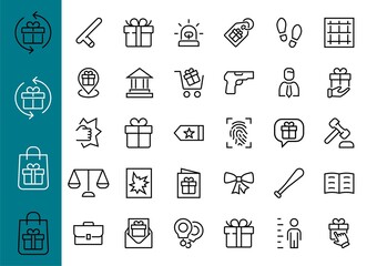 Court, Law and Justice Icon Set contains such icons as Law, Police, Prison, Handcuffs, Pistol, Editable stroke. Modern subtle symbols
