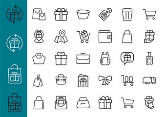 Simple set of bags, shopping and travel icons. Vector illustration Contains icons such as Card, wallet, shopping basket, discount, bowl, package. On a white background, editable stroke