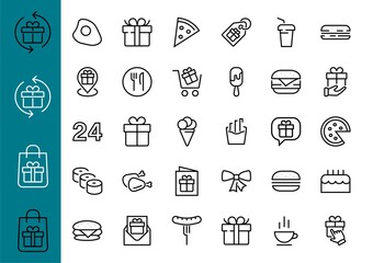 A simple set of fast food icons related to the vector line. Contains icons such as pizza, burger, sushi, bike, scrambled eggs and more. EDITABLE stroke. EPS 10