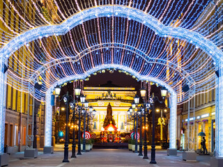 Christmas landscape of Saint Petersburg. Sightseeing in city of Russia. Decorative Christmas arch...