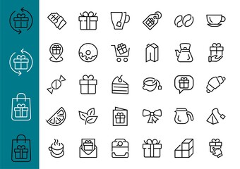COFFEE and TEA LINEAR ICONS SET, contains Icons of tea, tea bag, Coffee machine, cake, sugar, teapot, cup, milk, cream, Lemon, chocolate bar, LINEAR ICONS Editable stroke