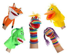 Puppet show. Collage with photos of different dolls on hands against white background