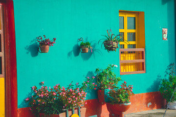 Fototapeta na wymiar Traditional Colombian house very colorful and with plants outside