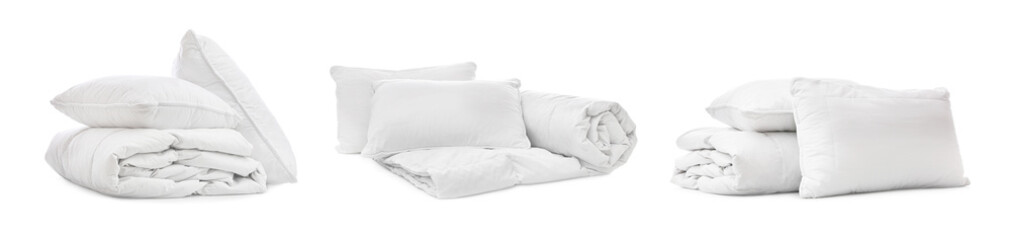 Fototapeta na wymiar Set of blankets and pillows isolated on white. Banner design