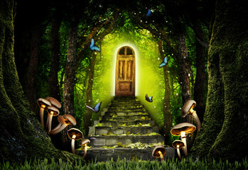 Fantasy world. Mushrooms at stone steps leading to magic door in enchanted forest