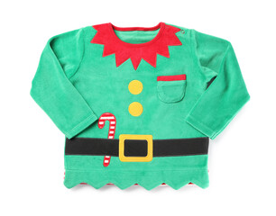 Cute elf jumper on white background, top view. Christmas baby clothes