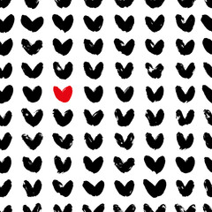 Abstract seamless heart pattern in chevron style. Hand drawn simple black hearts. Vector modern grunge background for valentines and wedding. Love wallpaper, web design, print, gift wrap