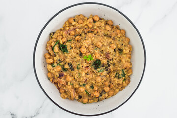 plant-based food, vegan chickpea potato and spinach curry