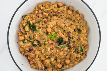 plant-based food, vegan chickpea potato and spinach curry
