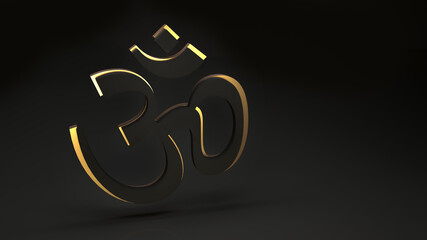 om Aum symbol for meditation on black background with gold glow 3D rendering
 - obrazy, fototapety, plakaty