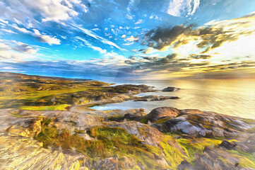 Scenery landscape of Barents sea shoreline colorful painting looks like picture.