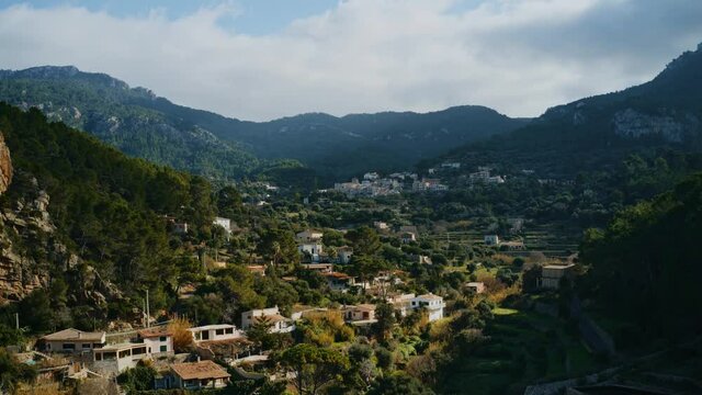 Hyperlapse Aerial view of Banyalbufar Touristic Town in Mallorca (Majorca), Es Port des Canonge, Serra de Tramuntana