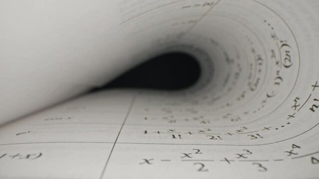 Macro view inside book text slide dolly shot with laowa probe lens. Camera moves between paper book pages. Mathematical formulas. Extreme close-up technical documentation