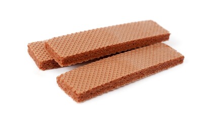 Delicious crispy wafers on white background. Sweet food