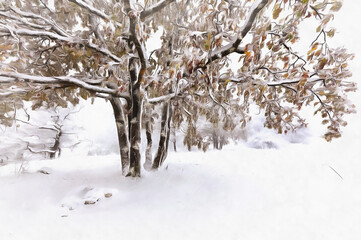 View on snowy tree with yellow leaves colorful painting