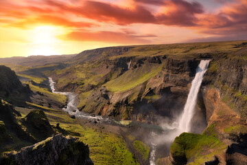 Fototapeta na wymiar Haifoss Waterfall in the Highlands, Iceland, taken in August 2020