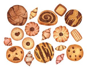 Set of cookies and mini croissants isolated on white background. Watercolor illustration. Nice pack of sweet food for decorations and design projects. 