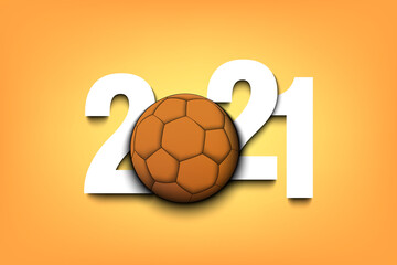Obraz premium New Year numbers 2021 and handball ball on an isolated background. Creative design pattern for greeting card, banner, poster, flyer, party invitation, calendar. Vector illustration