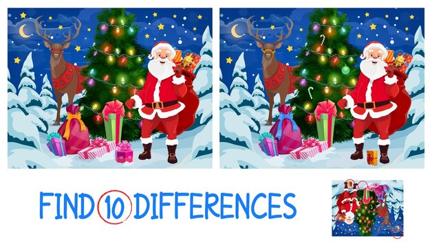 Find ten differences kid game with Christmas tree, Santa and reindeer. Santa Claus with gift sack, decorated with garland spruce and gifts cartoon vector. Child educational game with matching task