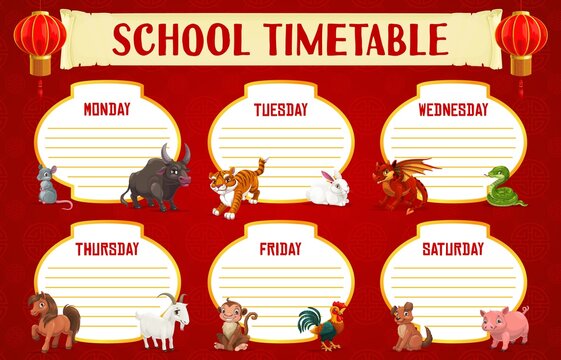 School Education Timetable Or Schedule Vector Template With Chinese Horoscope Animals. Weekly Study Plan Or Planner With Student Lessons Time Table, Chinese New Year Zodiac Animals And Red Lanterns