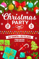 Christmas party, winter holidays celebration vector poster. Xmas party live music party and Santa gifts, Xmas decorations, golden stars and balls, snowflakes and confetti with holly and candy canes