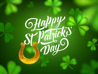 St Patrick day Irish holiday, vector celebration party poster. Happy Saint Patrick Day greeting, golden horseshoe and shamrock clover leaf on green blur background